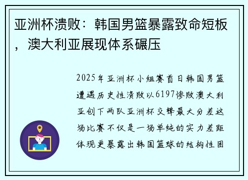 亚洲杯溃败：韩国男篮暴露致命短板，澳大利亚展现体系碾压