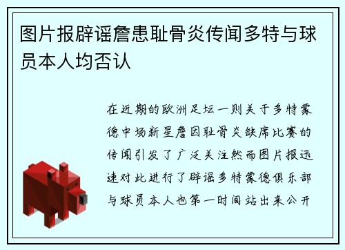 图片报辟谣詹患耻骨炎传闻多特与球员本人均否认